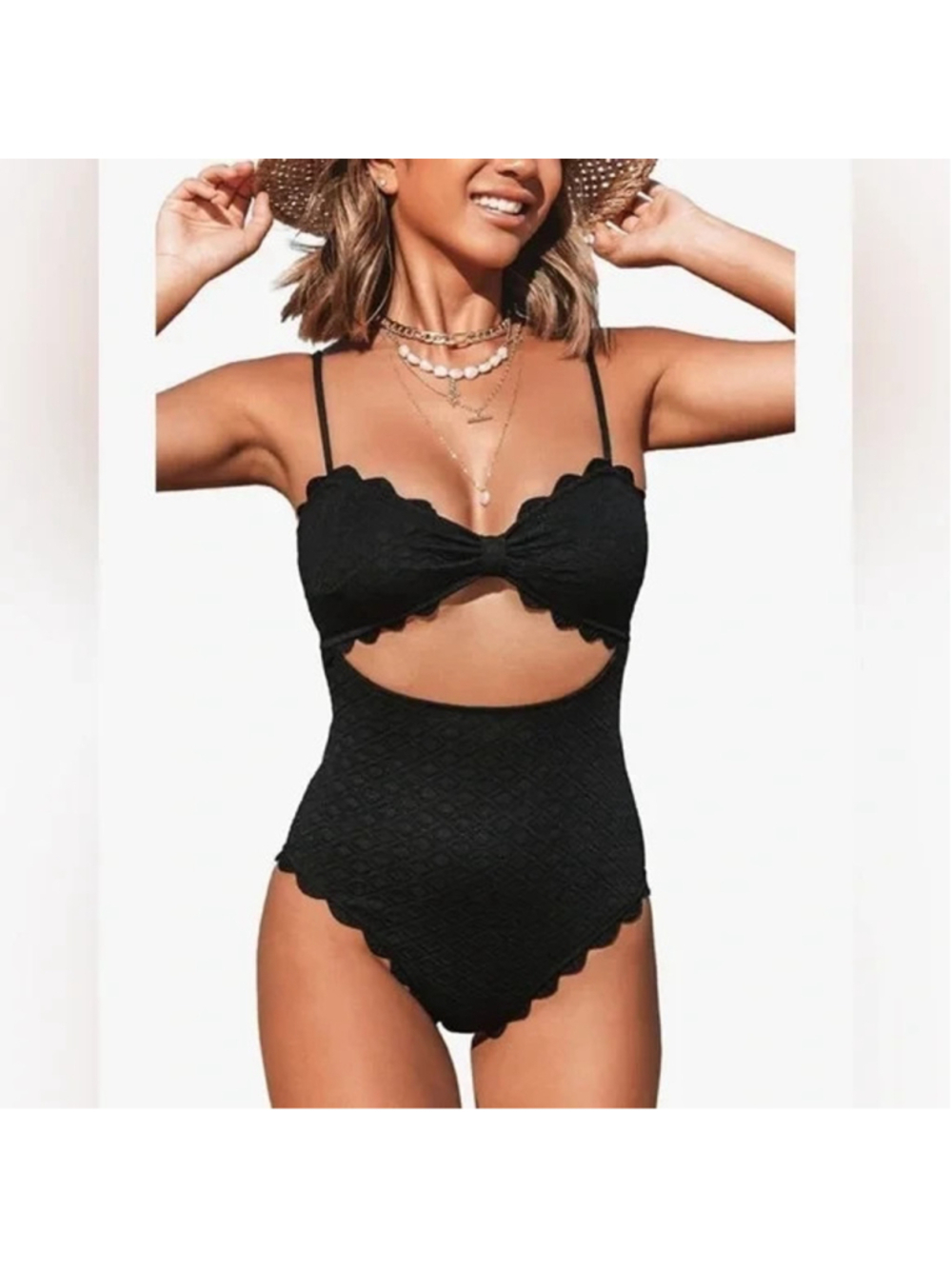 CUPSHE Black Scalloped Trim Cutout One Piece Swimsuit Classic Vintage Inspired M